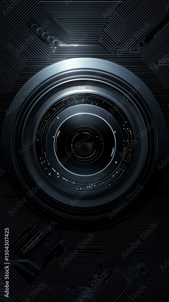 Poster intricate lens in the shadows: a detailed close-up showcases a technological lens, its complex inter