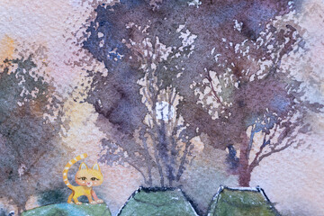 Cat yellow with abstract trees nature. Watercolor paintings vintage style art floral cat on pot in garden.