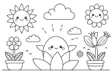 coloring pages design colorful landscape with a garden and the sun and the grass white background