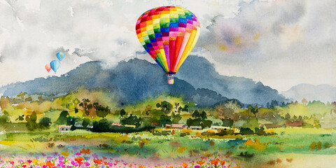 Watercolor landscape original painting colorful of hot air balloon on the Village in festival.