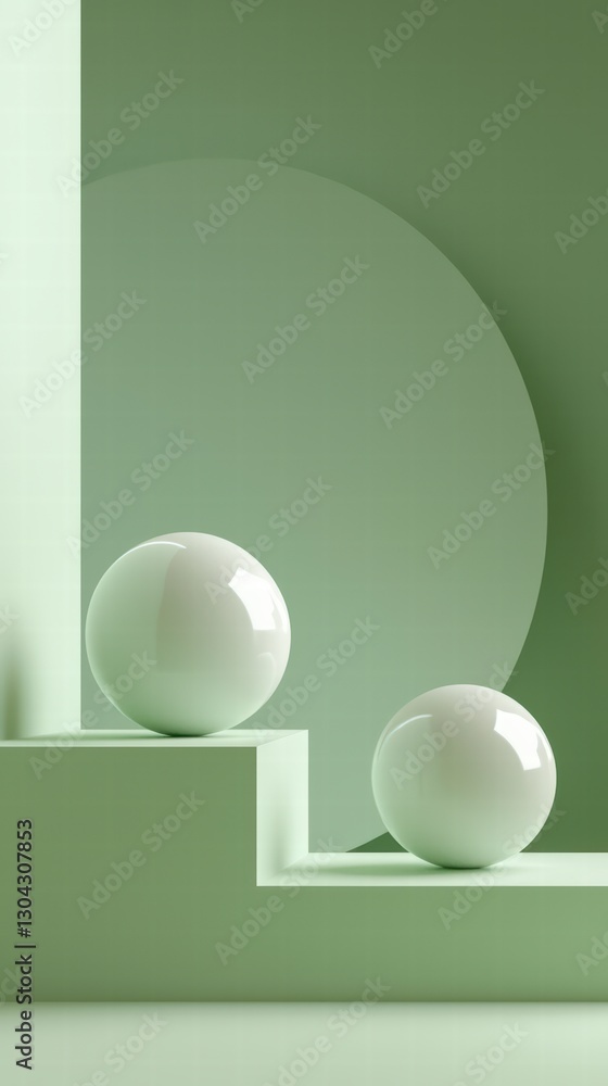 Poster minimalist serenity: an abstract composition featuring two pristine spheres perched upon geometric s