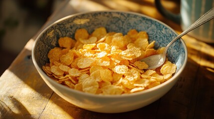 A bowl of crispy golden cornflakes, their crunchy edges hinting at the joy of a simple breakfast, awaited a spoon.