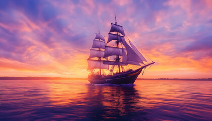 Sailing ship sunset ocean vibrant sky