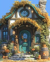 Fototapeta premium Cozy fantasy wizard house in an enchanted forest illustration