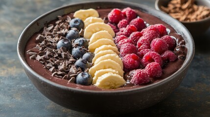 A decadent bowl brimming with rich chocolate, creamy peanut butter, and vibrant acai, a symphony of flavors and textures that tantalizes the taste buds and nourishes the body from within.