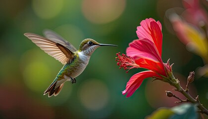 Fototapeta premium A hummingbird hovering close to a bright crimson blossom