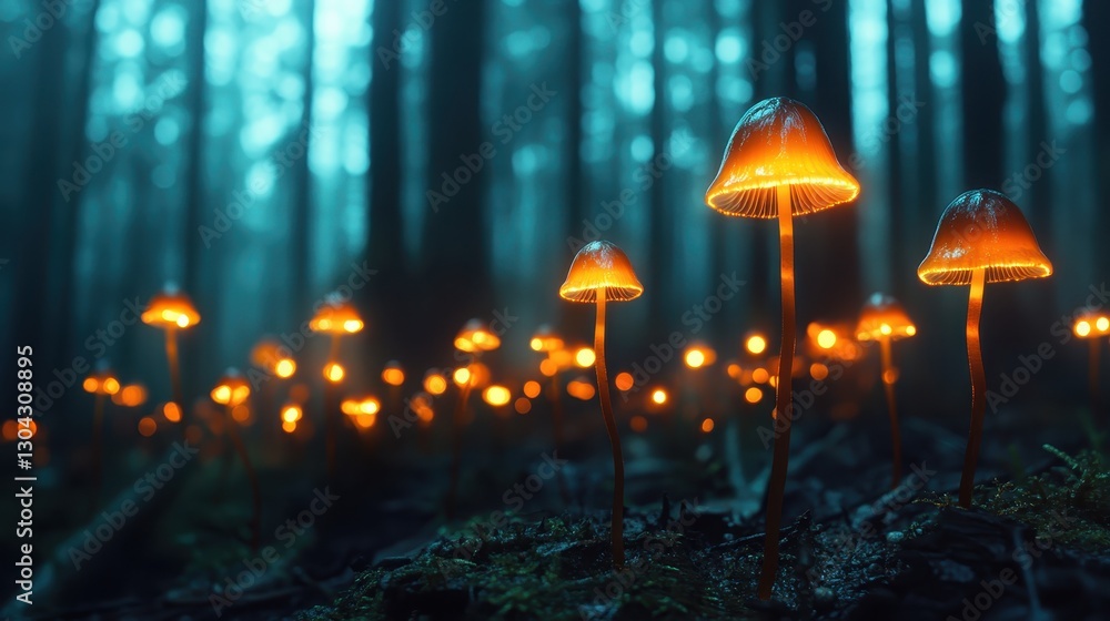 Poster a striking visual of glowing mushrooms illuminating the dark forest floor, creating an enchanting at