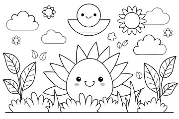 Black and white meadow landscape in cartoon style. Summer field background with hills, trees, grass and flowers. Vector illustration in doodle style. Cartoon coloring book for children.