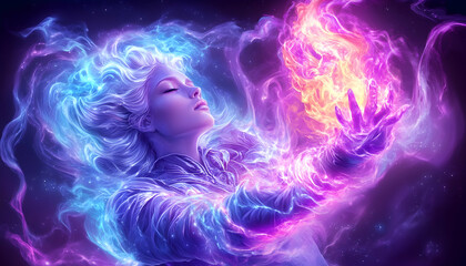 Fototapeta premium Serene sorceress manipulates cosmic flames in ethereal space