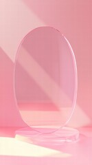 Minimalist Pink Display: A sleek, clear oval object rests elegantly on a transparent platform against a backdrop of soft pink hues.