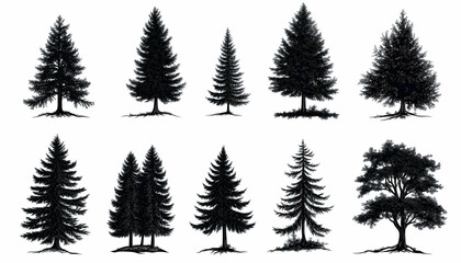 Silhouetted evergreens & trees, isolated on white