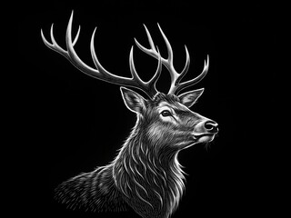 Stag with antlers portrait in white on black background