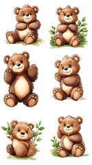 Obraz premium Six Adorable Brown Bear Cubs in Grassy Settings