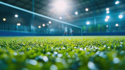 Green artificial turf court with blurred players