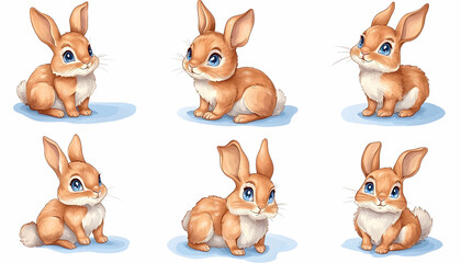Obraz premium Six Cute Brown Bunny Rabbits Posing on White Background