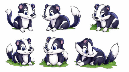 Six Cute Cartoon Badger Poses on White Background