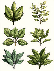 Six illustrated green foliage sprigs, botanical art