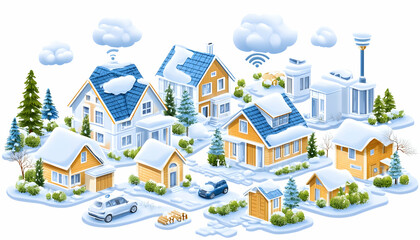 Obraz premium Smart Homes in Snowy Winter Neighborhood