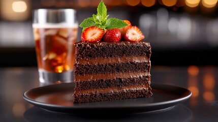 This delectable chocolate cake features rich layers of frosting, topped with fresh strawberries and mint, ideal for any dessert lover or special occasion celebration.