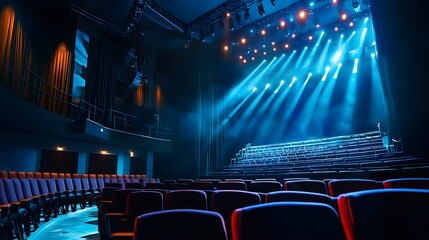 Modern Theatre Stage with Blue Lighting and Empty Seats View