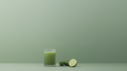 A green detox juice in a glass with fresh ingredients beside it,
