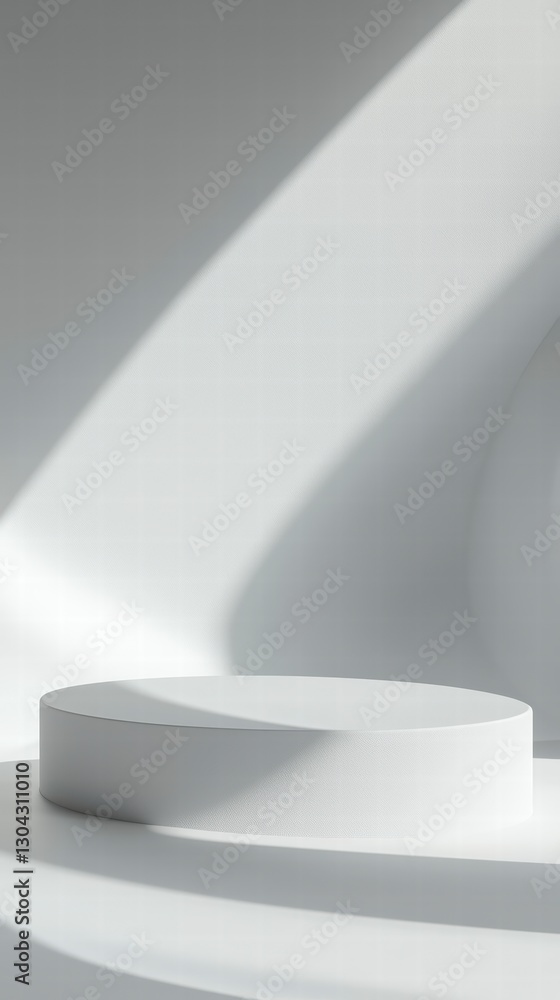Poster minimalist podium: an empty, pristine round podium is bathed in dramatic light, creating a simple ye