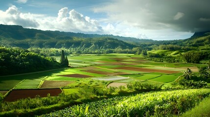 Obraz premium Lush Green Landscape with Fields and Mountains Under Dramatic Clouds