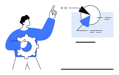 Man points at a pie chart while holding a gear icon, emphasizing teamwork, data, and productivity. Ideal for business, presentation, analysis, teamwork, strategy planning flat simple metaphor