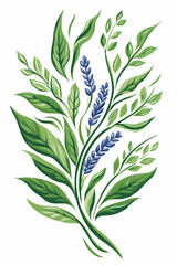 Stylized floral bouquet, green leaves, blue flowers, white background