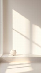 Fototapeta premium Minimalist Elegance: A serene minimalist interior bathed in soft, natural light, featuring a spherical object resting on a sleek, neutral-toned surface. Shadow play on the wall.
