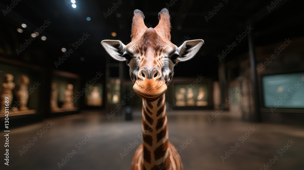 Poster a close-up shot of a giraffe with a charming expression, showcasing its distinctive features against