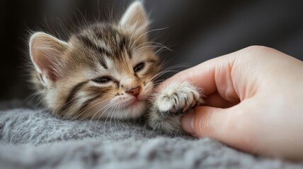 Newborn kitten with tiny and gentle idea. Cute kitten being gently petted by a human hand.