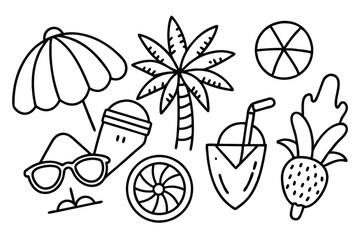 Black silhouette cute set of hand drawn summer doodles for prints, coloring pages, product decor Isolated vector illustration