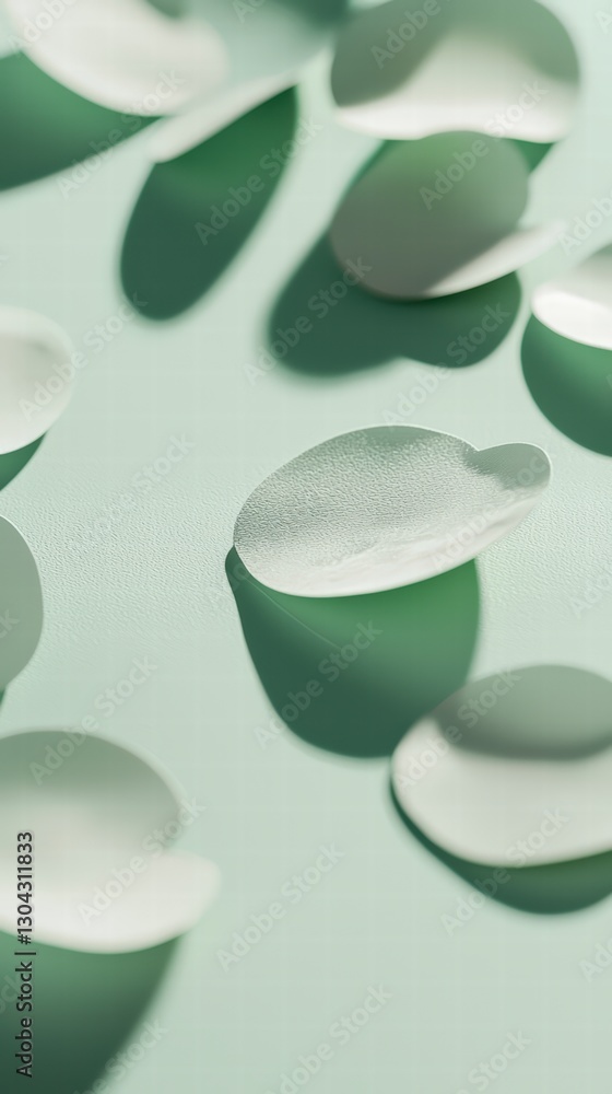 Poster petal reflections: delicate white petals scattered on a sage green surface, casting soft shadows and