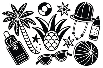 Black silhouette cute set of hand drawn summer doodles for prints, coloring pages, product decor Isolated vector illustration