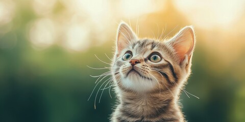 Obraz premium Newborn kitten with tiny and gentle idea. Curious kitten gazing upward in soft natural light.