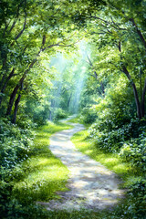 Sunlit Path Winding Through Lush Summer Forest