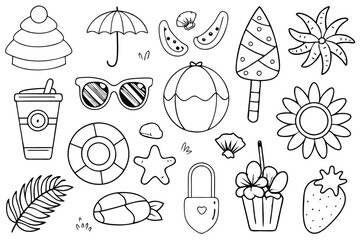 Black silhouette cute set of hand drawn summer doodles for prints, coloring pages, product decor Isolated vector illustration