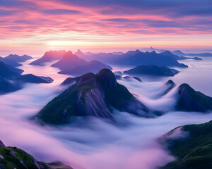 Sunrise over misty mountain range, coastal scenery
