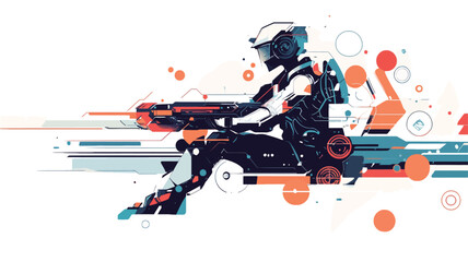 The image is a stylized vector illustration depicting a futuristic racer in a vehicle. The style is abstract, with bold colors (primarily blues, oranges, and blacks) and simplified shapes.