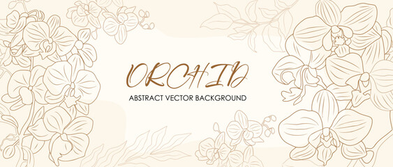 Abstract art background. Luxury minimal style wallpaper with golden line art orchid flowers on watercolor beige background. Vector art for banner, cover, poster, cards, invitations, Web, packaging.