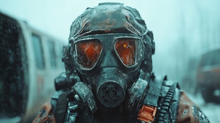 A striking portrait of a character equipped with a gas mask, showcasing an austere landscape depicting a blend of survival, resilience, and the starkness of a post-apocalyptic world.