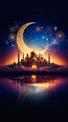 Mosque with a crescent moon and fireworks above it. Suitable for Ramadan or Eid celebrations. Religious, festive, Islamic celebration concept.