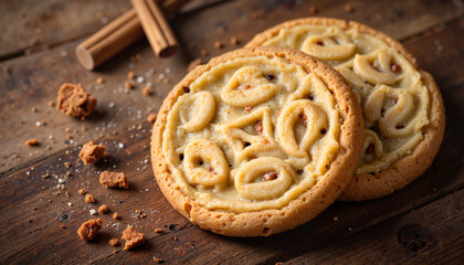 Naklejka premium Cookies with sweet filling on rustic wooden background