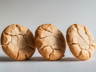 Three almond cookies on a white surface