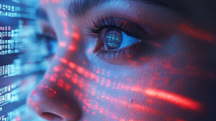 Human eye with digital code reflection and data visualization in blue and red lighting. Cybersecurity concept with binary numbers projection. Technology innovation for digital identity protection