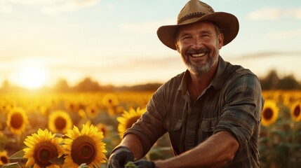 Fototapeta premium This vibrant image captures a joyful farmer smiling amidst a field of sunflowers during golden hour, radiating warmth, happiness, and connection with nature.
