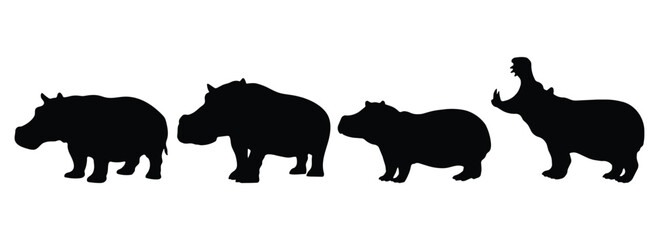 Hippopotamus on white background. Collection of hippo silhouettes in various forms. Side view and full body for design. Vector illustration.