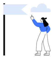 Woman raising finger at a flag, emphasizing achievement, direction, and aspiration. Ideal for success, goal setting, motivation, leadership planning inspiration. Optimistic flat simple metaphor