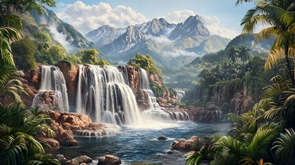 Fototapeta premium Lush Tropical Waterfall Landscape With Majestic Mountains
